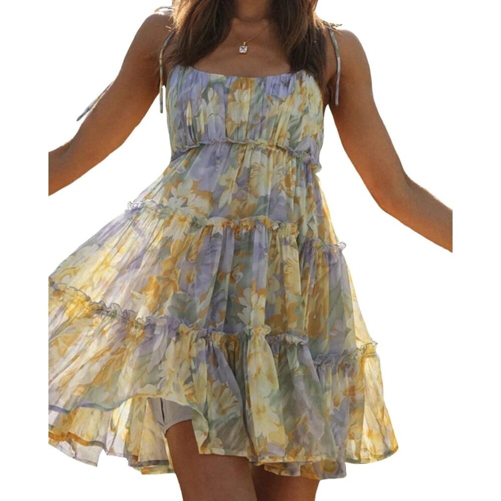 Women's Floral Mini Dress Sleeveless Spaghetti Strap Boho Summer Dress